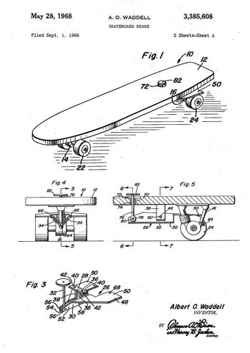 SKATEBOARD PRINTS: Patent Blueprint Artwork - 7 x 5" - Blanc - Impression à gauche