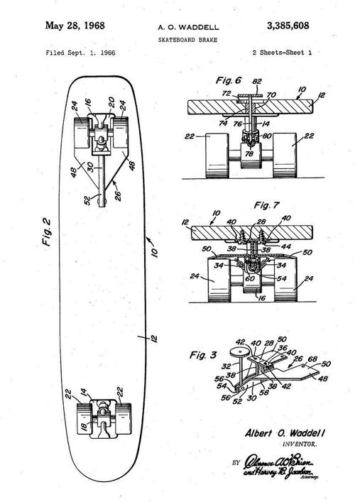 SKATEBOARD PRINTS: Patent Blueprint Artwork - 7 x 5" - White - Right hand print