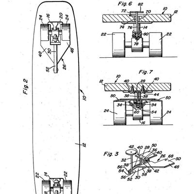 IMPRESIONES DE MONOPATÍN: Patent Blueprint Artwork - 7 x 5" - Blanco - Impresión de la mano derecha