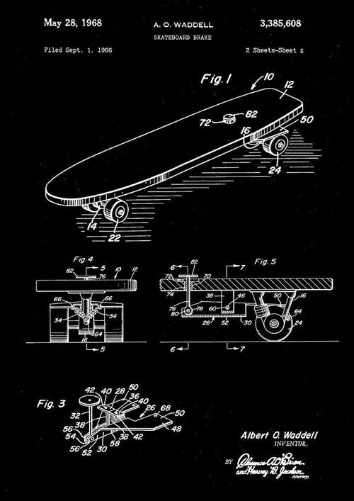 SKATEBOARD PRINTS: Patent Blueprint Artwork - 7 x 5" - Black - Left hand print