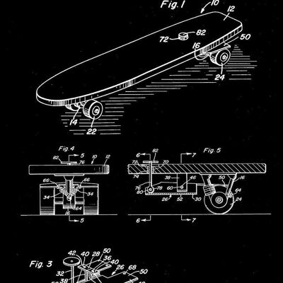 SKATEBOARD-DRUCKE: Patentierte Blaupausengrafik – 17,8 x 12,7 cm – Schwarz – Druck für die linke Hand