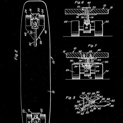 SKATEBOARD PRINTS: Patent Blueprint Artwork - 7 x 5" - Black - Right hand print