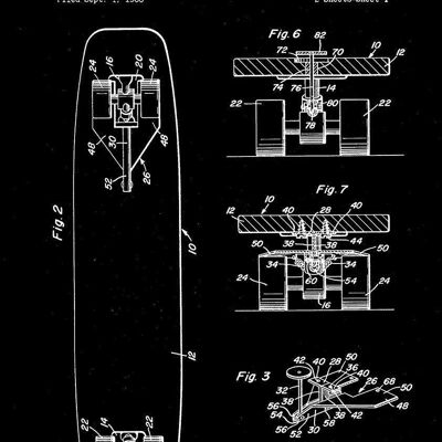 IMPRESIONES DE MONOPATÍN: Patent Blueprint Artwork - 7 x 5" - Negro - Impresión de la mano derecha