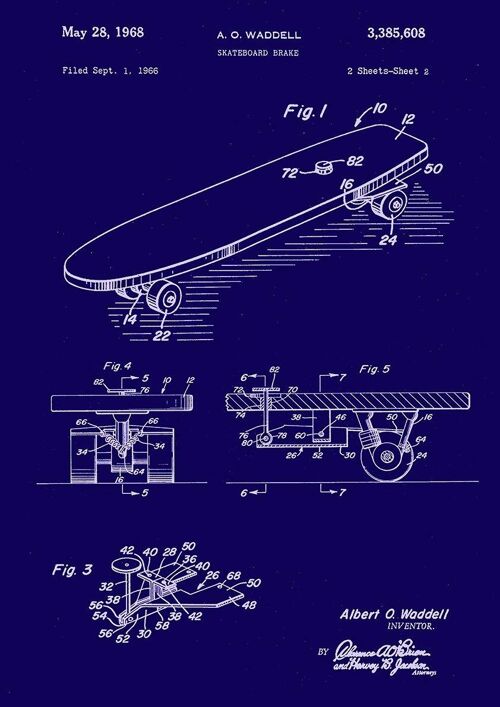 SKATEBOARD PRINTS: Patent Blueprint Artwork - A4 - Blue - Left hand print