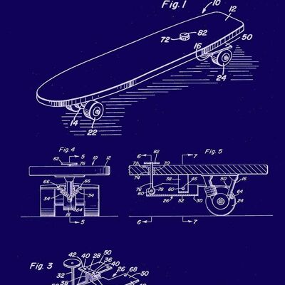 STAMPE SKATEBOARD: Brevetto Blueprint Artwork - A4 - Blu - Stampa a mano sinistra