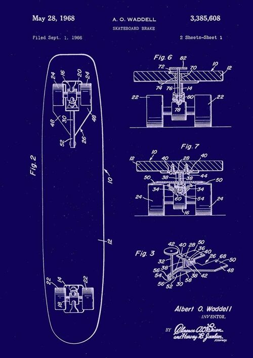 SKATEBOARD PRINTS: Patent Blueprint Artwork - A4 - Blue - Right hand print