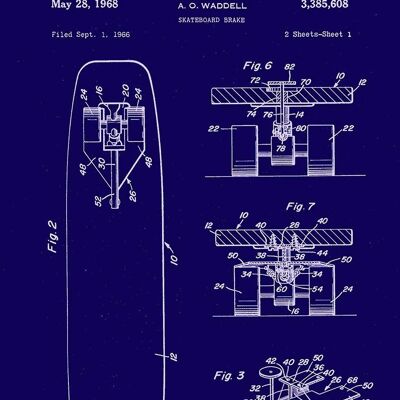 SKATEBOARD PRINTS: Patent Blueprint Artwork - A4 - Blue - Right hand print