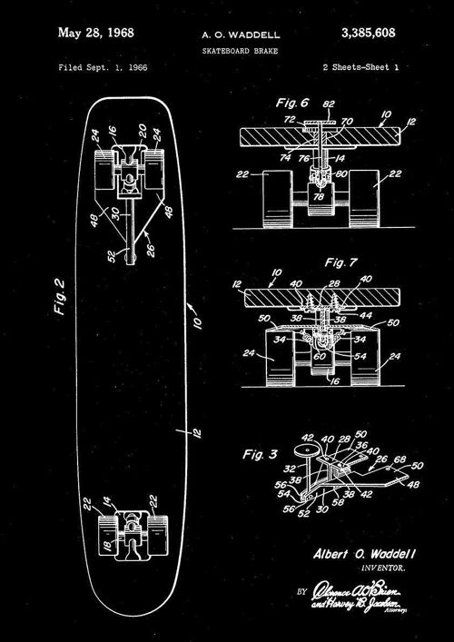 SKATEBOARD PRINTS: Patent Blueprint Artwork - 16 x 24" - Black - Right hand print