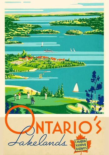 AFFICHE DES LACS DE L'ONTARIO : Annonce de voyage canadienne vintage - 7 x 5"