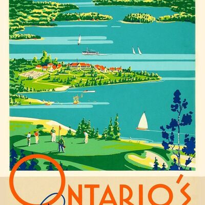 AFFICHE DES LACS DE L'ONTARIO : Annonce de voyage canadienne vintage - A4