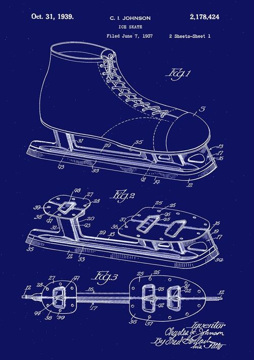 ICE SKATE PRINT: Patent Blueprint Artwork - 7 x 5" - Blue