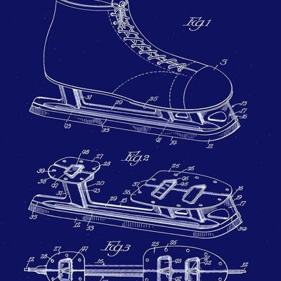 IMPRESIÓN DE PATINES SOBRE HIELO: Diseño de patente Blueprint - 7 x 5" - Azul