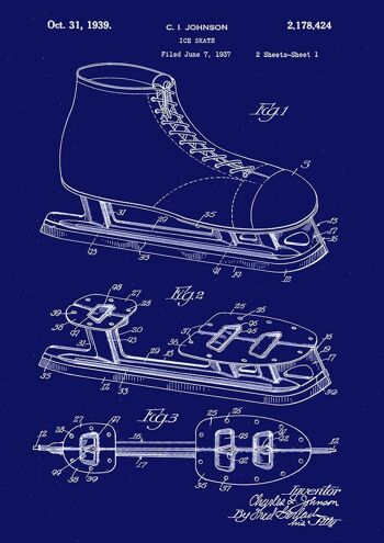 ICE SKATE PRINT : Patent Blueprint Artwork - 7 x 5" - Bleu