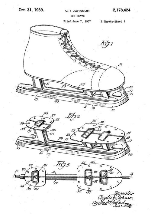 ICE SKATE PRINT: Patent Blueprint Artwork - 7 x 5" - White