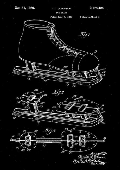ICE SKATE PRINT: Patent Blueprint Artwork - A4 - Black