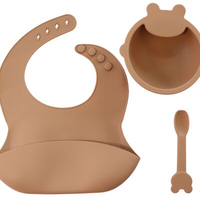 Set da pranzo 3 pezzi in silicone | Bavaglino Ciotola Cucchiaio | mocca