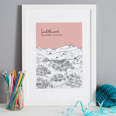 Personalised Saddleworth Print - A4 (21x30cm) - Natural Oak Frame (A4 size will be framed with a white mount | A3 size will fill the frame) - 2 - Blush