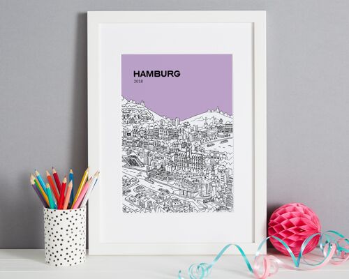 Personalised Hamburg Print - A4 (21x30cm) - Natural Oak Frame (A4 size will be framed with a white mount | A3 size will fill the frame) - 4 - Purple