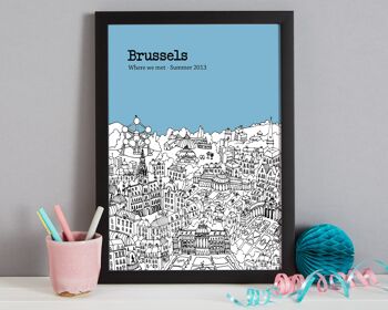 Affiche Bruxelles personnalisée - A4 (21x30cm) - Cadre blanc (le format A4 sera encadré avec un passe-partout blanc | Le format A3 remplira le cadre) - 8 - Bleu ciel 5