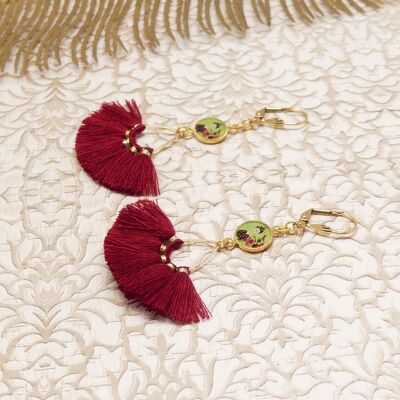Gold brass pompom earrings with resin pattern