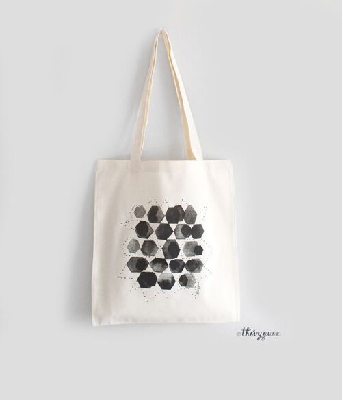 Tote bag unisexe hexagone graphique noir et blanc aquarelle