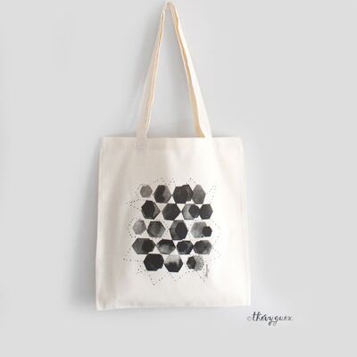 Tote bag unisexe hexagone graphique noir et blanc aquarelle