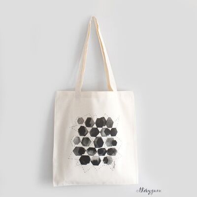 Tote bag unisexe hexagone graphique noir et blanc aquarelle