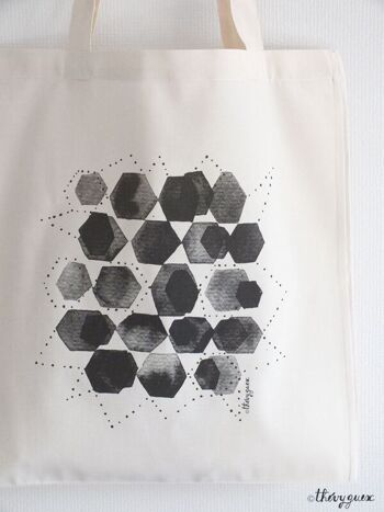 Tote bag sac épaule unisexe hexagone graphique noir et blanc aquarelle 2