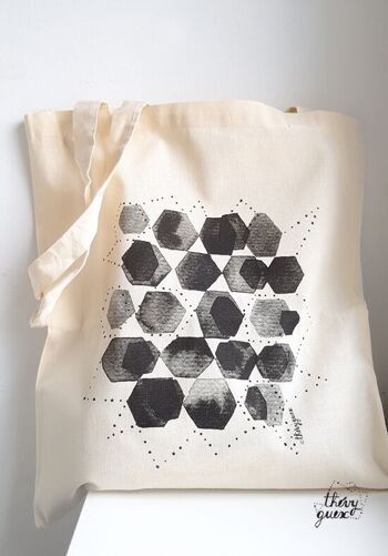 Tote bag sac épaule unisexe hexagone graphique noir et blanc aquarelle 3