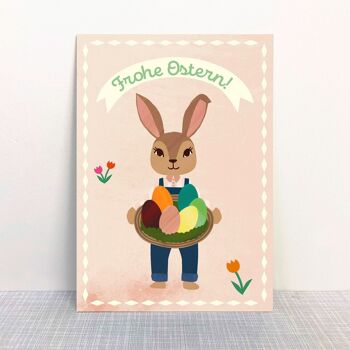 Carte postale "Joyeuses Pâques" lapin de Pâques avec nid 1