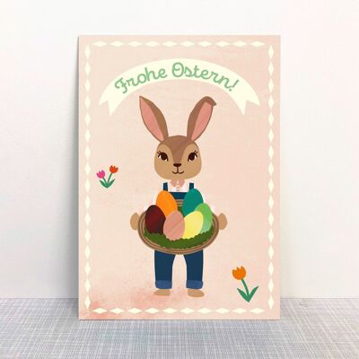 Carte postale "Joyeuses Pâques" lapin de Pâques avec nid