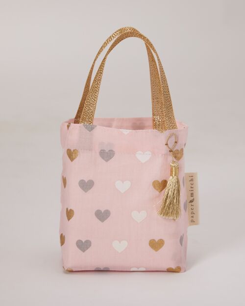 Fabric Gift Bags Tote Style -  Pink Hearts (Small)