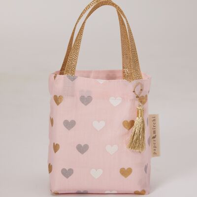 Fabric Gift Bags Tote Style -  Pink Hearts (Small)