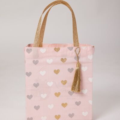 Fabric Gift Bags Tote Style - Pink Hearts (Medium)