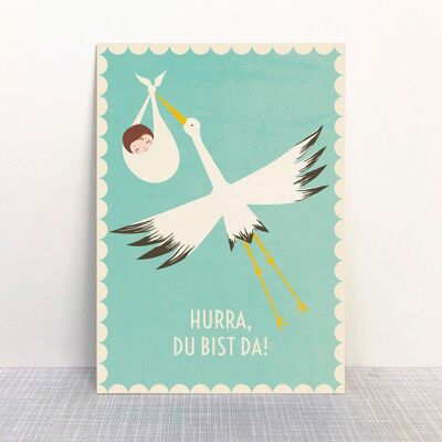 Postcard Hooray Stork blue