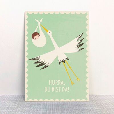 Postcard Hooray stork green