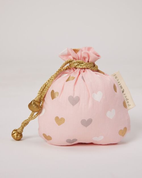 Fabric Gift Bags Double Drawstring -  Pink Hearts (Small)