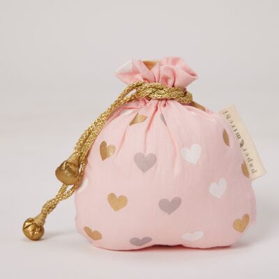 Fabric Gift Bags Double Drawstring -  Pink Hearts (Small)
