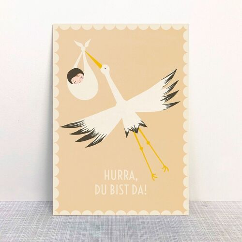 Postkarte Hurra Storch beige