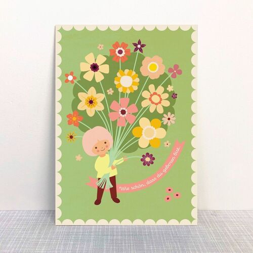 Postkarte Blumenstrausskind grün