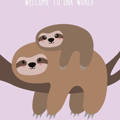 Postkarte Willkommen in unserer Welt, Faultier-Babykarte