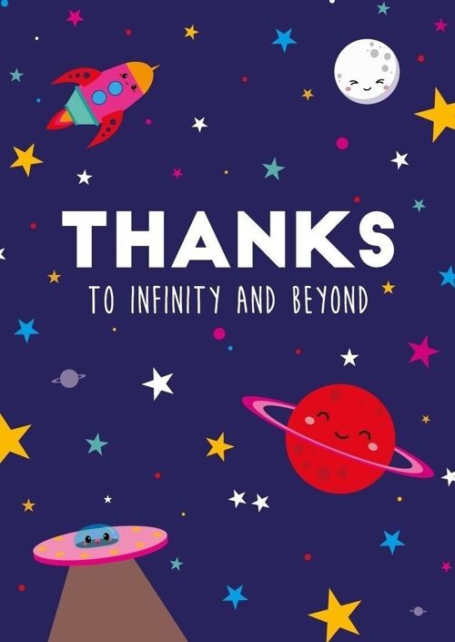 Postcard thanks to infinity with planet and stars