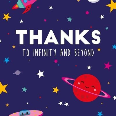 Postkarte Dank der Unendlichkeit mit Planeten und Sternen