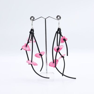 4-strand Hand Painted Plastic Hearts on Leatherette Earrings - Pink