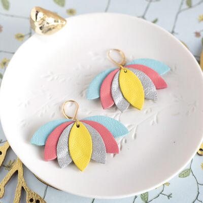 Lotus flower earrings yellow silver pink and blue leather