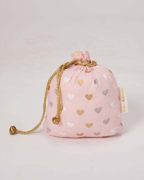 Fabric Gift Bags Double Drawstring -  Pink Hearts (Medium)
