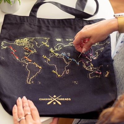 Stitch Your Travels Tote Bag - Black