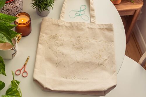 Stitch Your Travels Tote Bag -  Natural Canvas