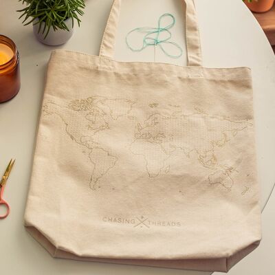 Stitch Your Travels Tote Bag -  Natural Canvas