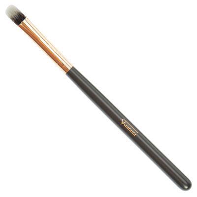 Banana brush with copper-colored ferrule, brown handle, synthetic hair